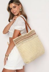Beżowa Torebka Shopperka Wykończona Plecionką i Frędzlami w Stylu Boho Rivaniane. Brązowe shopperki damskie Born2be, bez wzorów, z jeansu, bez dodatków. Za 69.99 zł.