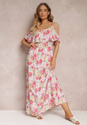 Biało-Czerwona Sukienka Maxi Bawełniana w Kwiaty z Falbanką Saranna. Białe sukienki damskie Renee, na imprezę, l, bez wzorów, z bawełny, bez kołnierzyka, bez ramiączek, maxi, rozkloszowane. Za 59.99 zł.