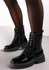 Czarne Botki Workery z Lakierowaną Cholewką Nouria. Czarne botki damskie Renee, bez wzorów, z jeansu, eleganckie, bez obcasa, na obcasie, bez zapięcia. Za 49.99 zł.