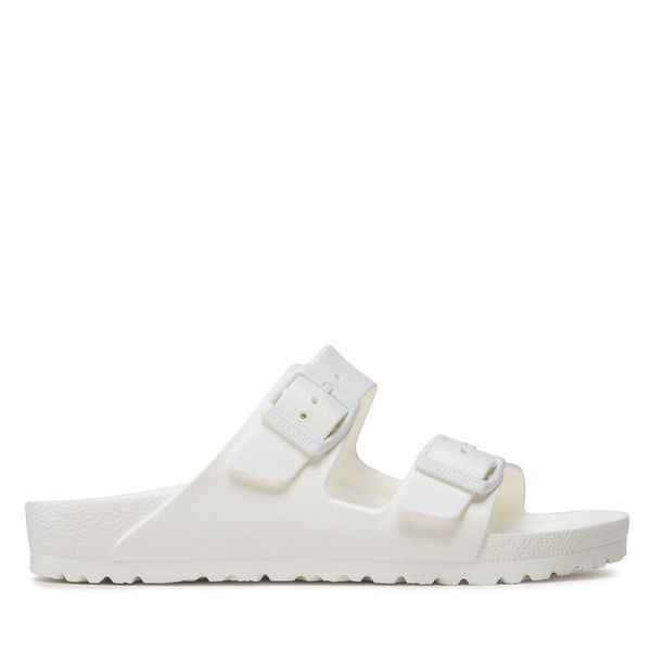 Klapki Birkenstock. Białe klapki damskie Birkenstock, bez wzorów, bez obcasa, bez zapięcia. Za 169.99 zł.