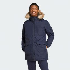 Paveric Fur Parka. Niebieskie parki męskie Adidas, l, bez wzorów, bez kołnierzyka, bez kaptura. W wyprzedaży za 449.40 zł.