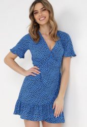 Granatowa Sukienka Aegomene. Niebieskie sukienki damskie Born2be, na imprezę, s, bez wzorów, z tkaniny, bez kołnierzyka, bez ramiączek, mini, kopertowe. Za 29.99 zł.