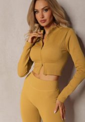 Żółta Prążkowana Bluza o Krótkim Fasonie Dwoma Suwakami Aloue. Żółte bluzy damskie Renee, bez wzorów, z materiału, eleganckie, bez ramiączek, bez kaptura. Za 39.99 zł.