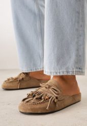Beżowe Klapki VICES Mule Ozdobione Frędzlami Koralikami i Kokardą Eathelena. Brązowe klapki damskie Renee, na lato, bez wzorów, bez obcasa, na płaskiej podeszwie, bez zapięcia. Za 119.99 zł.