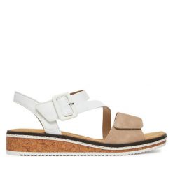 Sandały Rieker. Białe sandały damskie Rieker, bez wzorów, bez obcasa, na koturnie, bez zapięcia. Za 299.99 zł.