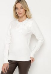 Biały Sweter z Wiskozą Modalem i Aplikacjami 3D Esalttia. Białe swetry nierozpinane damskie Born2be, na zimę, m, z aplikacjami, z jeansu, eleganckie, bez kołnierzyka, bez ramiączek. Za 84.99 zł.