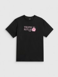 4F T-shirt loose z nadrukiem damski - czarny S. Czarne koszulki sportowe damskie 4F, s, bez wzorów, z bawełny, bez ramiączek, trekkingowe. Za 79.99 zł.