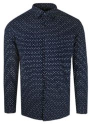 Elegancka Koszula o Taliowanym Kroju - Victorio - Drobny Wzór, Granatowa. Niebieskie koszule męskie Victorio, uniwersalny, bez wzorów, z bawełny, eleganckie, bez kołnierzyka, bez ramiączek. Za 195.00 zł.