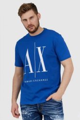 ARMANI EXCHANGE Niebieski t-shirt męski z dużym logo. Niebieskie t-shirty męskie Armani Exchange, l, bez wzorów, prążkowane, bez kołnierzyka, bez ramiączek. W wyprzedaży za 159.99 zł.