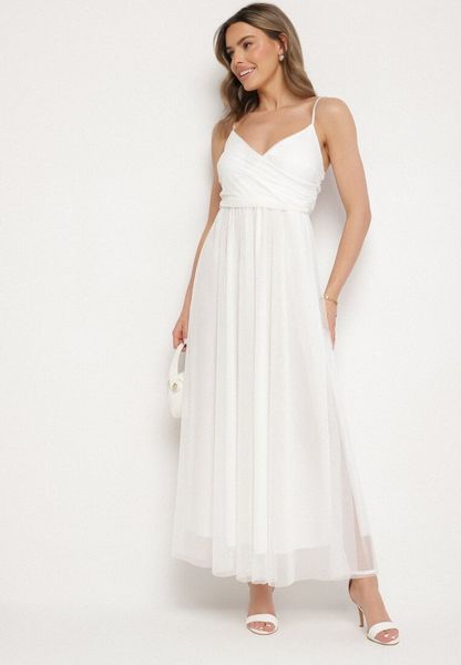 Biała Sukienka Koktajlowa z Tiulową Siateczką Devinae. Białe sukienki damskie Born2be, na co dzień, na lato, l, bez wzorów, z jeansu, eleganckie, bez kołnierzyka, bez ramiączek, kopertowe. Za 99.99 zł.