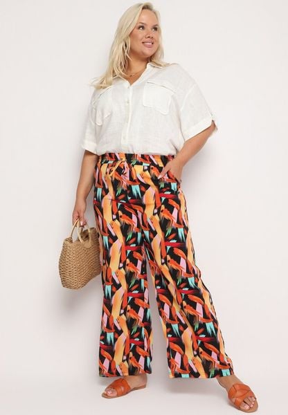 Czarno-Pomarańczowe Szerokie Spodnie Boho z Wysokim Stanem i Gumką w Pasie Letviana. Czarne spodnie materiałowe damskie Born2be, na lato, bez wzorów, z jeansu, boho, z podwyższonym stanem. Za 69.99 zł.