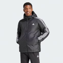 Kurtka Essentials 3-Stripes Insulated Hooded. Czarne kurtki męskie Adidas, m, bez wzorów, bez kaptura. W wyprzedaży za 343.20 zł.