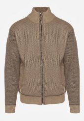 Ciemnobeżowy Kardigan w Jodełkę na Suwak z Polarową Wyściółką Iwedara. Brązowe swetry męskie Born2be, l, bez wzorów, z jeansu, sportowe, bez kołnierzyka, bez ramiączek. Za 89.99 zł.
