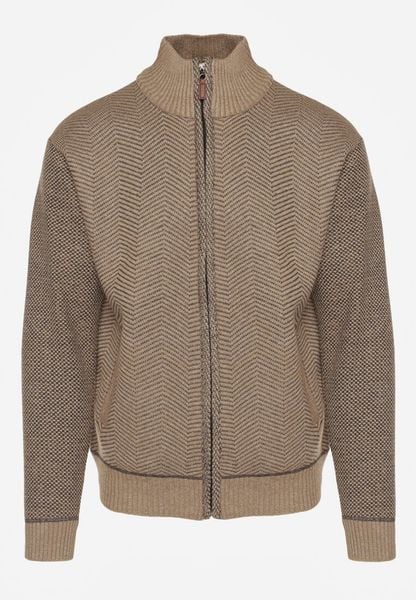 Ciemnobeżowy Kardigan w Jodełkę na Suwak z Polarową Wyściółką Iwedara. Brązowe swetry męskie Born2be, l, bez wzorów, z jeansu, sportowe, bez kołnierzyka, bez ramiączek. Za 89.99 zł.