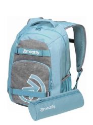 Plecak studencki z przegrodą na laptopa – szary / turkusowy Meatfly + piórnik. Niebieskie plecaki męskie Meatfly, bez wzorów, z materiału, biznesowe. Za 237.99 zł.