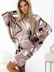 Sukienka Model 402-8 Beige Wzór - Numoco. Brązowe sukienki damskie Numoco, na co dzień, l, bez wzorów, z dzianiny, eleganckie, bez kołnierzyka, plus size, bez ramiączek, proste. Za 254.00 zł.