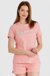 GUESS Brzoskwiniowy t-shirt damski z kolorowym logo. Czerwone t-shirty damskie Guess, s, z aplikacjami, z bawełny, bez kołnierzyka, bez ramiączek. W wyprzedaży za 129.99 zł.