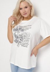 Biały T-shirt z Bawełny z Metalicznym Nadrukiem Olianea. Białe t-shirty damskie Born2be, xl, bez wzorów, z bawełny, klasyczne, bez kołnierzyka, bez ramiączek. Za 39.99 zł.