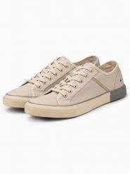Klasyczne męskie trampki z nitami - kremowe V2. Białe trampki męskie Ombre Clothing, bez wzorów, z gumy, casualowe, bez zapięcia. W wyprzedaży za 69.99 zł.