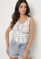 Biały Top z Bawełny z Napisami Savanette. Białe topy damskie Born2be, l, bez wzorów, z bawełny, bez kołnierzyka, bez ramiączek. Za 29.99 zł.