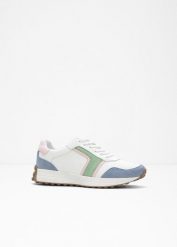 Sneakersy z profilowaną podeszwą. Białe obuwie sportowe damskie bonprix, bez wzorów, bez zapięcia. Za 124.99 zł.