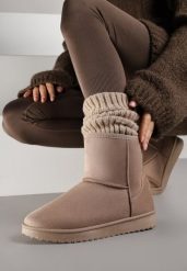 Ciemnobeżowe Śniegowce z Przeszyciami po Bokach Retena. Brązowe śniegowce damskie Renee, z jeansu, bez zapięcia. Za 79.99 zł.