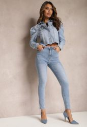 Jasnoniebieskie Jeansy o Dopasowanym Fasonie z Ozdobną Szlufką z Przodu Valmarie. Niebieskie jeansy damskie Renee, bez wzorów, z jeansu, eleganckie. Za 89.99 zł.