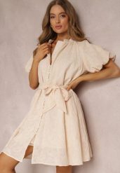 Jasnobeżowa Sukienka z Bawełny Halpy. Brązowe sukienki damskie Renee, na imprezę, na lato, m, bez wzorów, z bawełny, eleganckie, bez kołnierzyka, bez ramiączek, mini, dopasowane. Za 149.99 zł.
