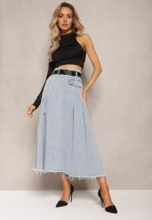 Jasnoniebieska Rozkloszowana Spódnica Jeansowa z Paskiem w Komplecie Grinna. Niebieskie spódnice damskie Renee, l, bez wzorów, z jeansu, maxi, rozkloszowane. Za 149.99 zł.