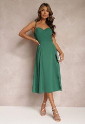 Zielona Rozkloszowana Sukienka Midi z Rozcięciem na Ramiączkach Josine. Zielone sukienki damskie Renee, l, bez wzorów, eleganckie, bez kołnierzyka, bez ramiączek, midi, rozkloszowane. Za 89.99 zł.