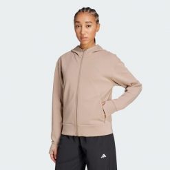 Bluza z kapturem Designed 4 Training Full-Zip. Brązowe bluzy damskie Adidas, bez wzorów, z materiału, sportowe, bez ramiączek, z kapturem. Za 299.00 zł.