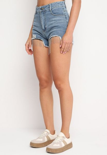 Niebieskie Bawełniane Szorty Jeansowe z Wysokim Stanem i Cyrkoniami Noemelba. Niebieskie szorty damskie Born2be, z aplikacjami, z bawełny, klasyczne, z podwyższonym stanem. Za 59.99 zł.