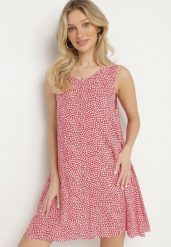Czerwona Bawełniana Rozkloszowana Sukienka Ozdobiona Kwiatami i Guzikami Lisavella. Czerwone sukienki damskie Born2be, na co dzień, na lato, l, bez wzorów, z bawełny, eleganckie, bez kołnierzyka, bez ramiączek, mini, rozkloszowane. Za 34.99 zł.
