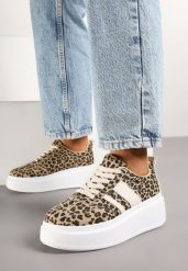 Panterkowe Sneakersy Kultowe Tenisówki na Platformie z Koturnem Elisara. Trampki i tenisówki damskie Born2be, bez wzorów, z jeansu, bez zapięcia. Za 79.99 zł.
