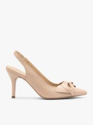 Czółenka typu slingback z kokardką. Brązowe czółenka damskie Brawo sp. z o.o., bez wzorów, z gumy, bez obcasa, na szpilce, bez zapięcia. Za 399.99 zł.