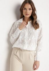 Biała Koszula Ozdobiona Haftami i Kwiatkami z Wysokim Mankietem Lirexia. Białe koszule damskie Born2be, l, bez wzorów, eleganckie, bez kołnierzyka, bez ramiączek. Za 139.99 zł.