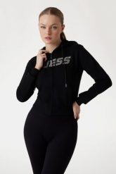 GUESS Czarna damska bluza z cyrkoniami Primula. Czarne bluzy damskie Guess, s, z aplikacjami, bez ramiączek, bez kaptura. W wyprzedaży za 284.99 zł.