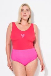 Damski Strój kąpielowy błyszczący brzeg dekolt w serek bez miękkich miseczek. Czerwone stroje kąpielowe damskie Ulla Popken, plus size, bez wzorów, z elastanu. Za 199.99 zł.