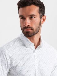 Klasyczna męska bawełniana koszula SLIM FIT w mikro wzór - biała V1 - Rozmiar: S. Białe koszule męskie Ombre Clothing, m, bez wzorów, z bawełny, klasyczne, bez kołnierzyka, bez ramiączek. W wyprzedaży za 69.99 zł.