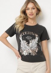 Czarny T-shirt z Bawełny z Nadrukiem Erenova. Czarne t-shirty damskie Born2be, l, bez wzorów, z bawełny, klasyczne, bez kołnierzyka, bez ramiączek. Za 39.99 zł.