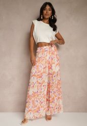Pomarańczowe Spodnie High Waist Zdobione Plisami i Kwiatowym Printem Folamea. Brązowe spodnie materiałowe damskie Renee, z aplikacjami, z jeansu, eleganckie, z podwyższonym stanem. Za 89.99 zł.