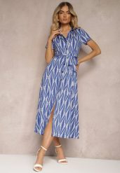 Granatowa Koszulowa Sukienka z Materiałowym Paskiem i Guzikami z Geometrycznym Printem Usklea. Niebieskie sukienki damskie Renee, na lato, l, bez wzorów, z dzianiny, bez kołnierzyka, bez ramiączek, maxi, koszulowe. Za 129.99 zł.