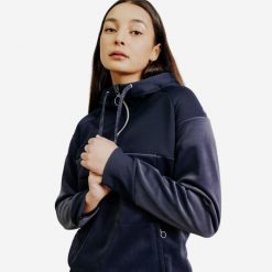 Bluza jeździecka damska 900 ciepła. Niebieskie bluzy damskie FOUGANZA, na zimę, m, bez wzorów, z materiału, bez ramiączek, z kapturem. Za 99.99 zł.