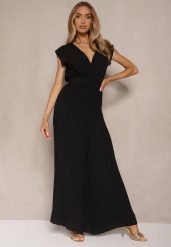 Czarny Kopertowy Kombinezon Wide Leg Zdobiony Plisami i Paskiem z Klamrą Salirella. Czarne sukienki damskie Renee, na co dzień, l, z aplikacjami, eleganckie, bez kołnierzyka, bez ramiączek, kopertowe. Za 84.99 zł.