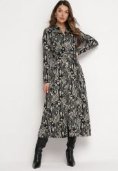 Czarna Koszulowa Sukienka Maxi z Wiązanym Paskiem i Wzorem Paisley Biurtte. Czarne sukienki damskie Born2be, m, bez wzorów, z materiału, bez kołnierzyka, bez ramiączek, maxi, koszulowe. Za 99.99 zł.
