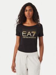 EA7 Emporio Armani T-Shirt 7W001444 AF10373 MC004 Czarny Slim Fit. Czarne t-shirty damskie EA7 Emporio Armani, s, bez wzorów, z bawełny, bez kołnierzyka, bez ramiączek. Za 364.99 zł.