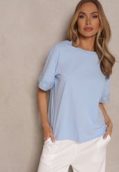 Jasnoniebieska Bawełniana Bluzka z Koralikami na Rękawach Tasmoi. Niebieskie bluzki damskie Renee, m, z aplikacjami, z bawełny, bez kołnierzyka, bez ramiączek. Za 34.99 zł.