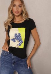 Czarny T-shirt z Bawełny Zdobiony Nadrukiem Aizana. Czarne t-shirty damskie Renee, l, z aplikacjami, z bawełny, casualowe, bez kołnierzyka, bez ramiączek. Za 34.99 zł.