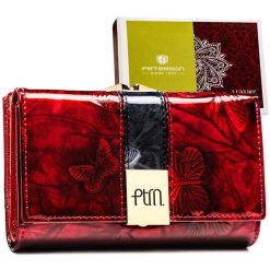 Portfel damski ze skóry naturalnej w czerwonym kolorze, zamykany biglem i zatrzaskiem - Peterson. Czerwone portfele damskie Peterson, z lakierowanej skóry. Za 134.99 zł.