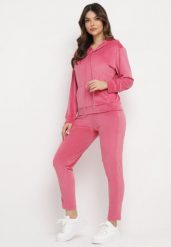 Ciemnoróżowy Komplet Dresowy z Weluru Bluza z Kapturem i Spodnie z Gumką w Pasie Avinlia. Czerwone bluzy damskie Born2be, m, bez wzorów, z dresówki, bez ramiączek, z kapturem. Za 79.99 zł.